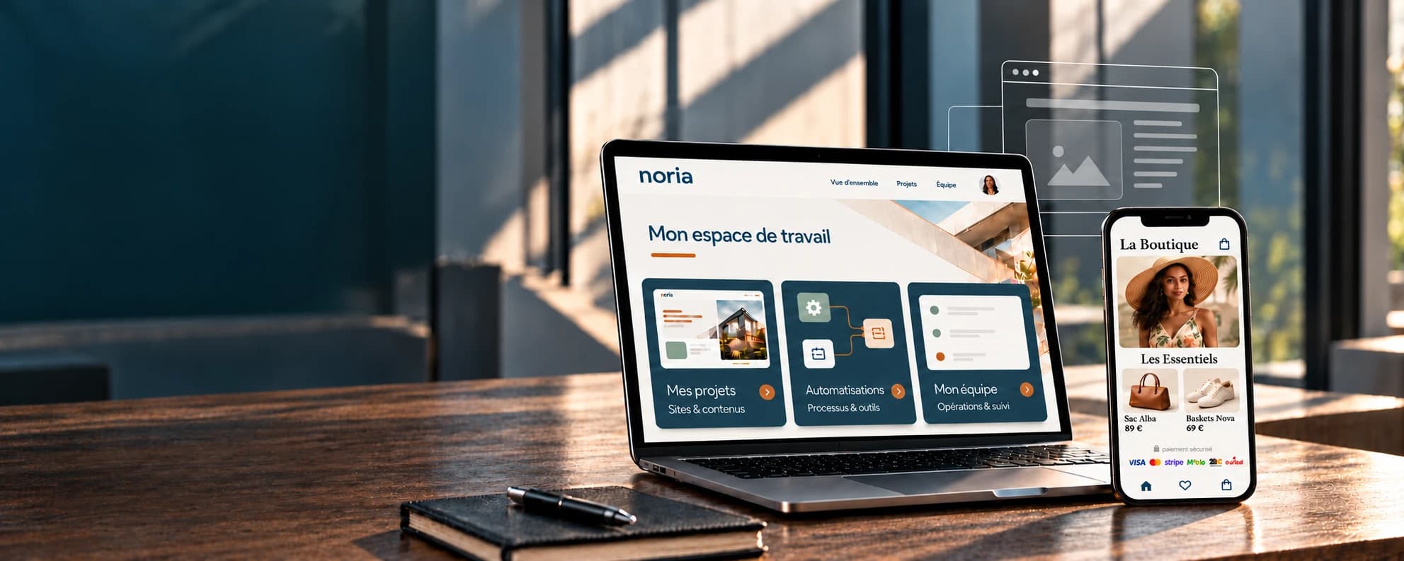 Illustration d’une plateforme de gestion Noria sur ordinateur et d’une boutique de mode sur smartphone.
