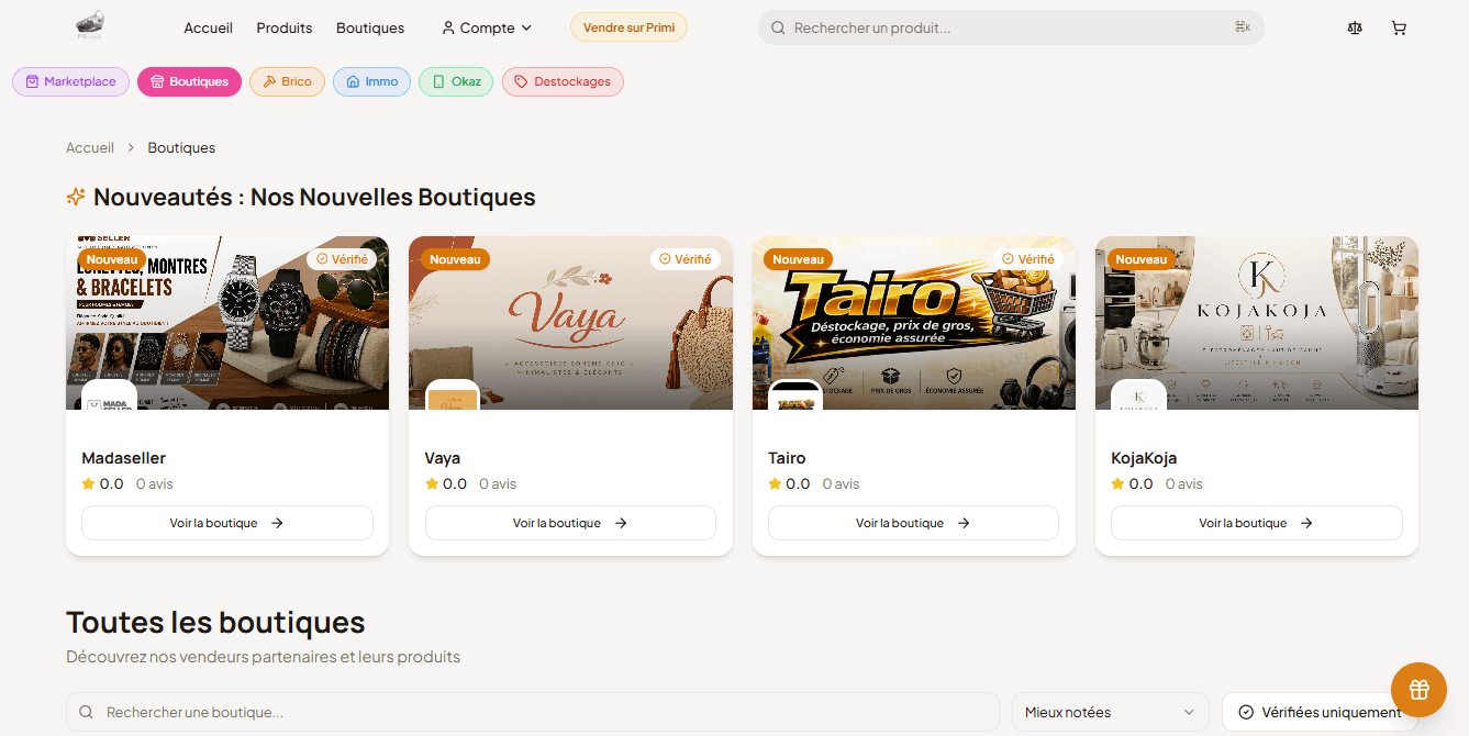 Interface de marketplace réalisée pour Primi