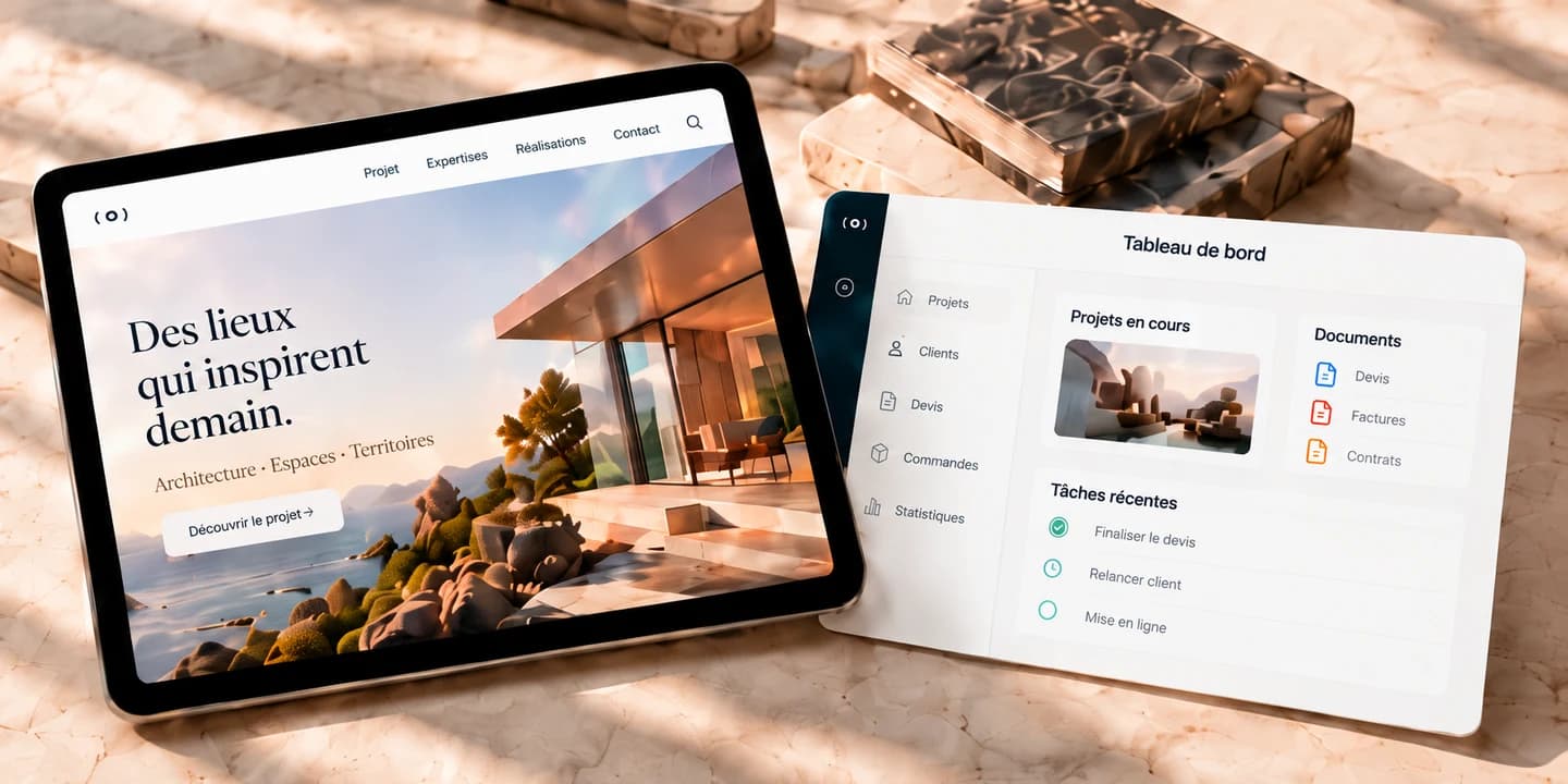 Illustration d’un site d’architecture sur tablette et d’une application de gestion.