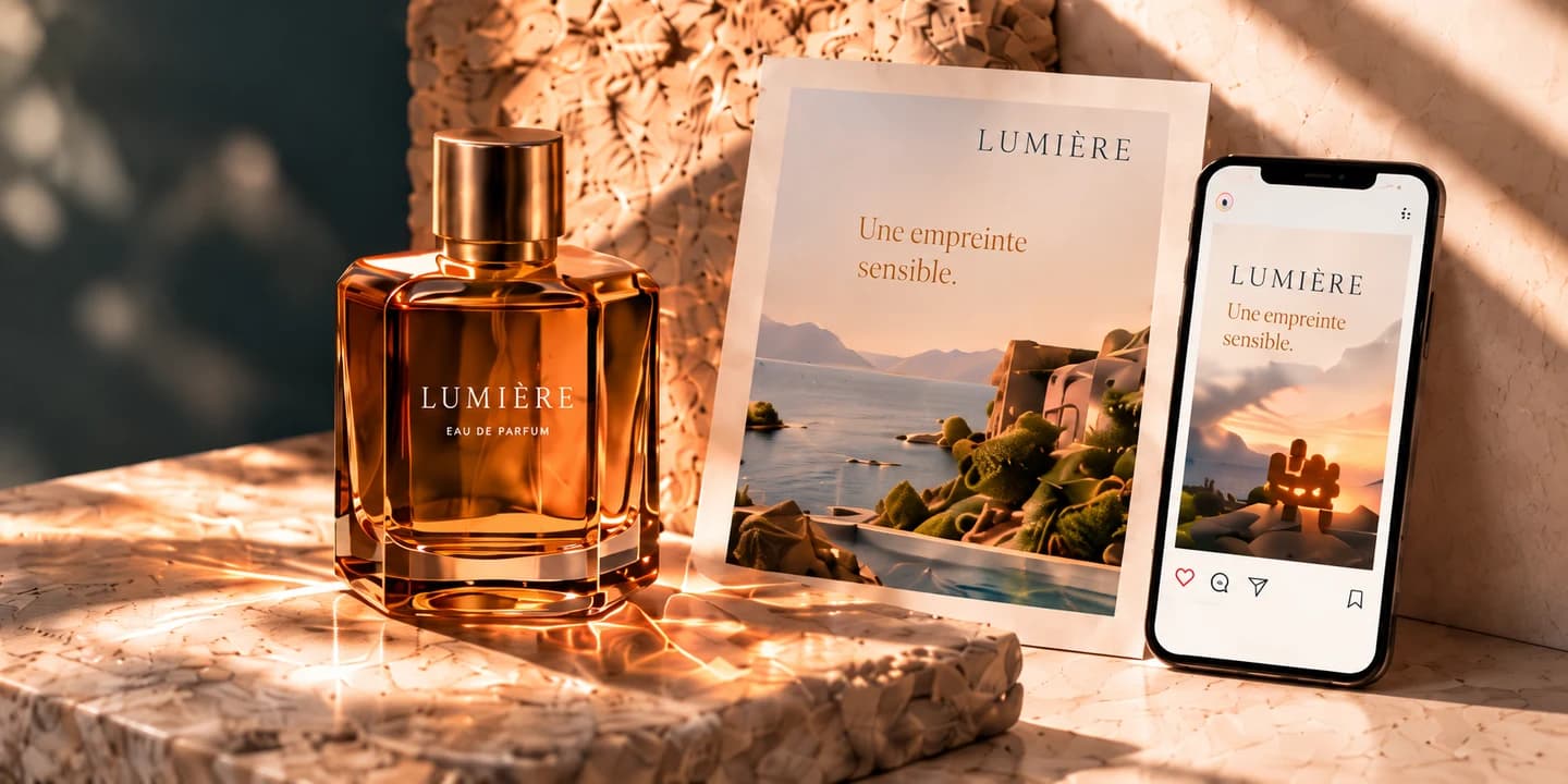 Concept de campagne Lumière : photographie de parfum, affiche et publication sur mobile.