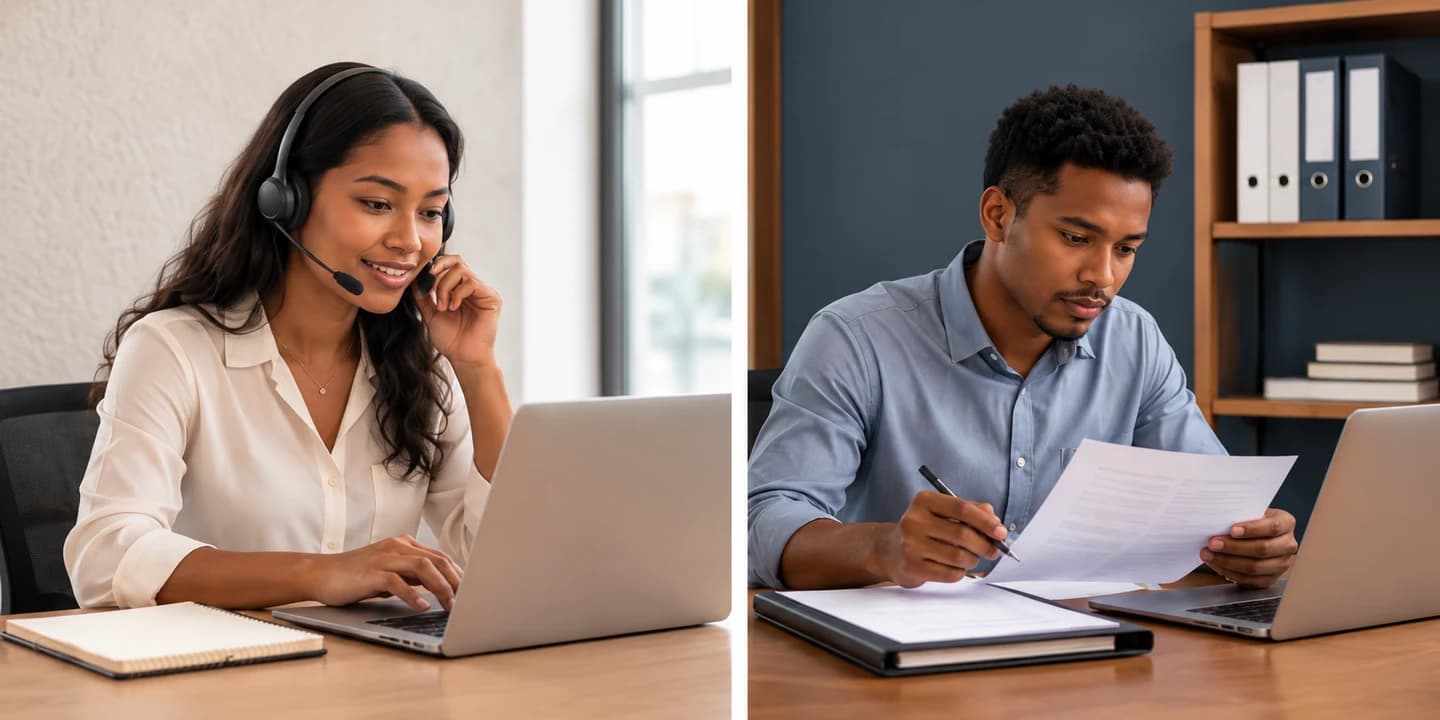 Deux scènes illustratives : une professionnelle malgache en assistance client et un professionnel malgache en vérification de dossiers, dans des bureaux distincts.